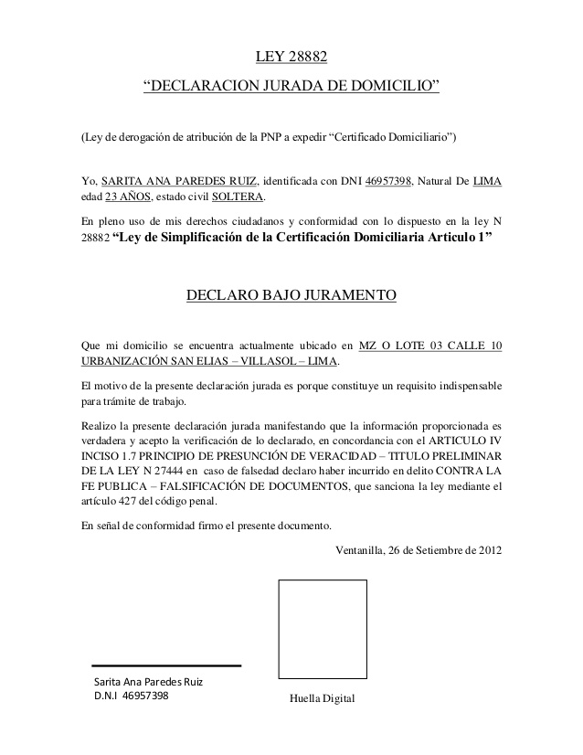 Declaración jurada de domicilio - Perú